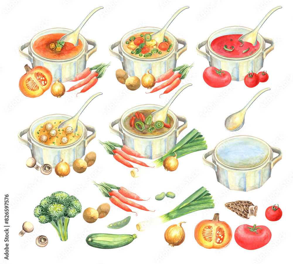 Wall mural watercolor vegetarian soup clipart, tomatoes, carrots, onion, broccoli, potatoes, champignons, veget - Wall murals