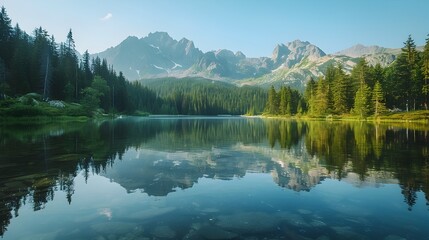 Serene Mountain Lake with Reflection of Jagged Peaks and Surrounding Dense Forest in Early Morning Light