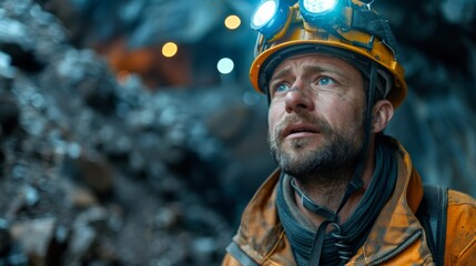 Fototapeta premium Portrait of miner in safety uniform, hardhat and lamp standing inside underground mine and checking ore production