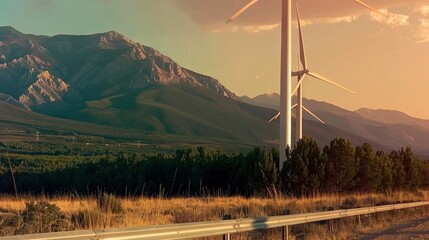   Wind turbine beside road, mountain range in background, trees in foreground - Powered by Adobe