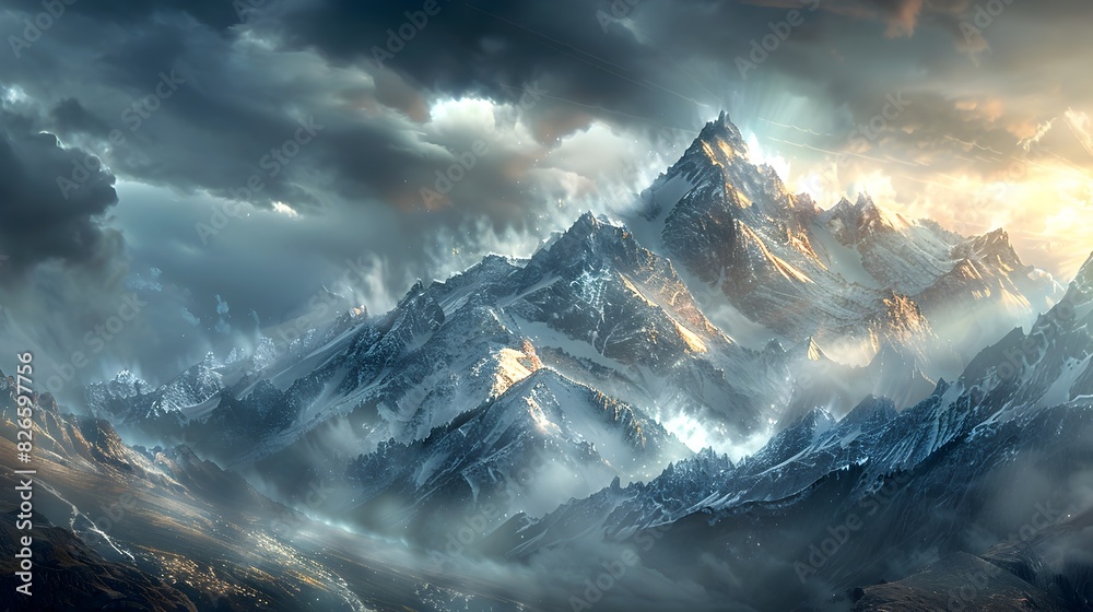 Sticker Majestic Mountain Peaks Amid Approaching Storm Sunlight Piercing Through Dramatic Clouds Inspiring Natural Wilderness Scenery