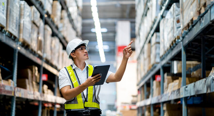 A man in a safety vest is using a tablet to point at something in a warehouse