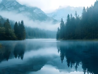 Serene Mountain Lake Shrouded in Misty Dawn Tranquility and Natural Harmony