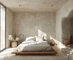 The bedroom has a spacious bed and a big window for natural light