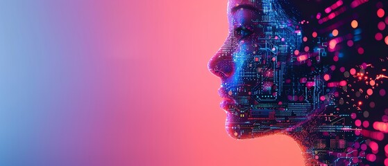 A digital art illustration of a woman's profile blending with futuristic technology and neon light patterns, representing AI and cyber themes.