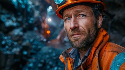 Fototapeta premium Portrait of miner in safety uniform, hardhat and lamp standing inside underground mine and checking ore production