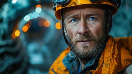 Fototapeta premium Portrait of miner in safety uniform, hardhat and lamp standing inside underground mine and checking ore production