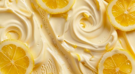 Surface of lemon yellow ice cream texture background, top view.