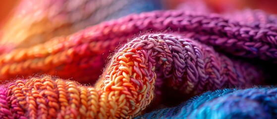 Close-up of vibrant multicolored knit fabric, showcasing intricate patterns and textures under warm lighting, perfect for textile and fashion themes.