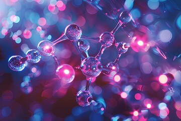 Detailed render using Unreal Engine and Octane Render, featuring a molecule of amino acid suspended within a shaker. The image highlights the complex molecular geometry and dynamic lighting