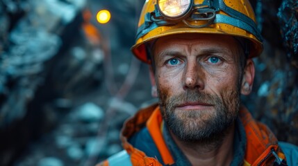 Fototapeta premium Portrait of miner in safety uniform, hardhat and lamp standing inside underground mine and checking ore production