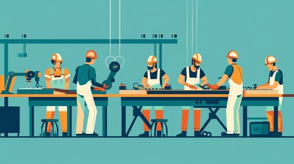 Illustration of factory workers assembling products on a production line. Teamwork, industry, and manufacturing concept in a workshop setting.