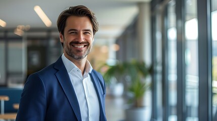 Confident businessman in suit standing in modern office, looking at camera and smiling