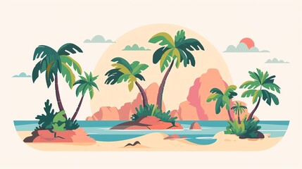 Scenic tropical island with palm trees and tranquil ocean waves at sunset, evoking relaxation and paradise vibes.