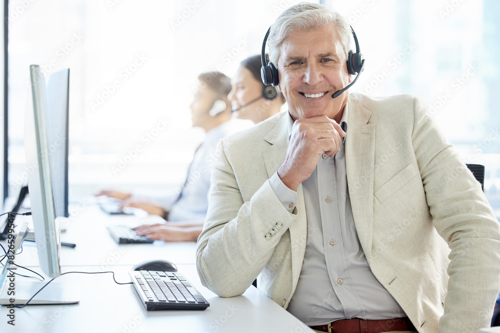 Canvas Prints Happy, portrait and call center with mature man to help in customer support to chat online on computer. Advisor, consultant and contact us in telemarketing phone call for solution and virtual service