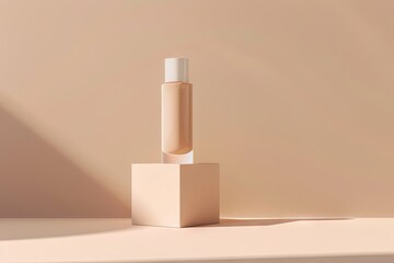 A makeup primer bottle mock-up positioned in front of a light tan gradient background. The bottle is elegantly designed, with sleek lines and a minimalist label, highlighted by the soft gradient that