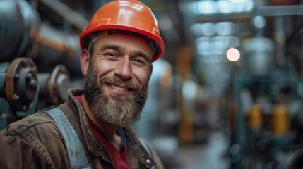 Shot of a handsome young bearded factory worker in uniform holding protective hardhat smiling joyfully to the camera posing