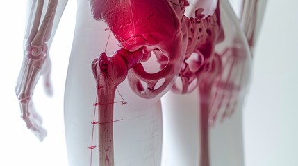 a person hip pain, overlaid with a red hologram and diagram of the hip joint