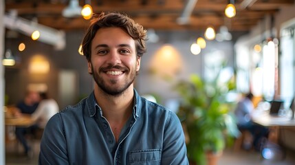 Fototapeta premium Smiling Entrepreneur in Vibrant Coworking Space Celebrating Business Success