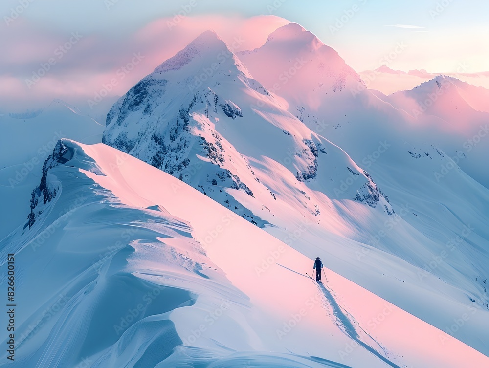 Poster Solitary Skier Descending Pristine Snowy Mountain Landscape at Serene Dawn in Soft Pastel Hues