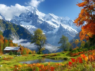 Breathtaking Alpine Autumn Landscape with Vibrant Foliage and Snow Capped Peaks