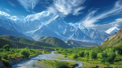 Majestic Mountain Landscape with Glaciers Emerald Valley and Flowing River under Wispy Skies