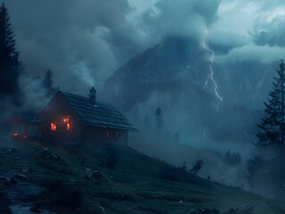 Dramatic Mountain Landscape During Stormy Weather with Rustic Cabin Seeking Shelter in the Wild