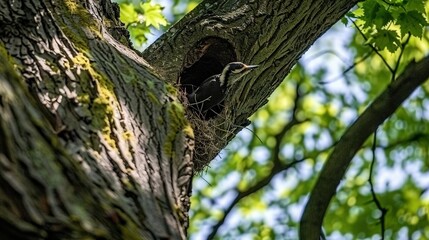 Obraz premium A bird rests on a nest inside a tree trunk against a blue backdrop