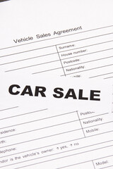 Fototapeta premium Inscription car sale and vehicle sales agreement. Sales or purchases new or used vehicle