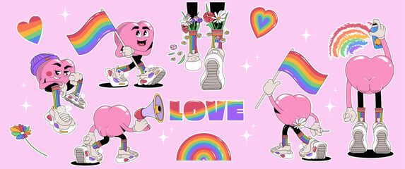 Vector set of LGBTQ community symbols with rainbow flag colored elements, pride symbols, heart characters. Pride month aesthetic. Gay parade groovy celebration. Illustration.	