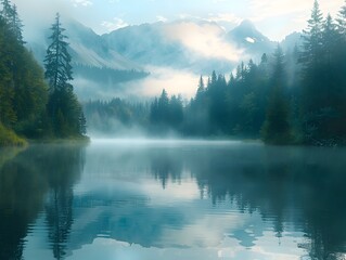Misty Mountain Lake at Dawn with Serene Forest Landscape
