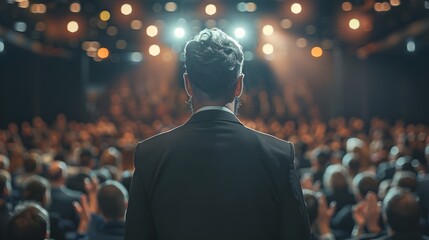 Confident CEO Delivering Inspiring Victory Speech to Cheering Audience at Professional Business Conference