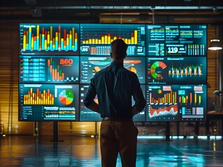 Business Analyst Presenting Positive Financial Results to Engaged Audience on Large Digital Screen