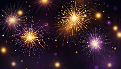 Celebration blurred background with golden and purple fireworks. Generative Ai