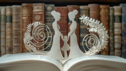 An exquisite paper sculpture of two adults and a child holding hands, set against a backdrop of old books. Delicate swirls and leaves add to the enchanting, timeless feel.
