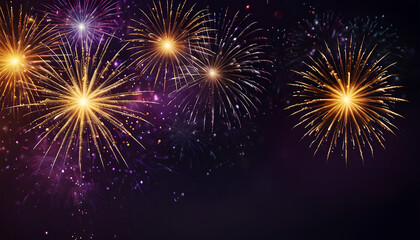 Fototapeta premium Celebration blurred background with golden and purple fireworks. Generative Ai