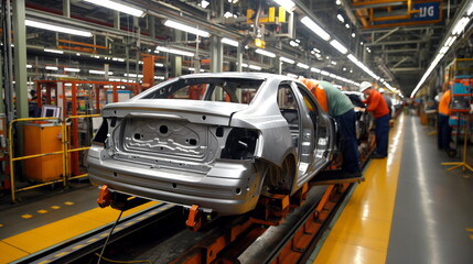 Workers in a manufacturing facility assembling new automobiles on an assembly line