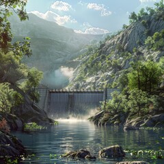 The photo shows a beautiful landscape with a lake and a dam surrounded by green hills.