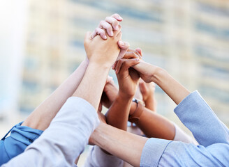 Business people, hands and high five or teamwork solidarity for partnership goals, trust or...