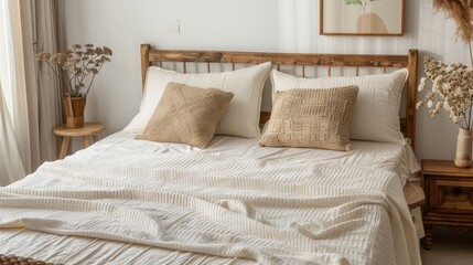Neatly made bed with a white textured cover, two pillows with one having a woven design, and a third pillow with a green and white abstract design