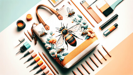A beautifully designed tote bag featuring bees and flowers, surrounded by art supplies. The image showcases creativity, nature, and craftsmanship.