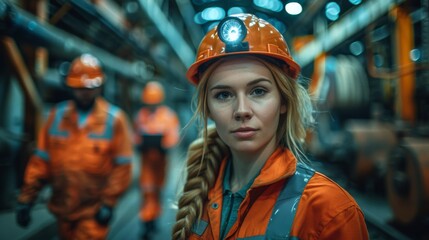 Obraz premium Three Diverse Multicultural Heavy Industry Engineers and Workers in Uniform Walk in Dark Steel Factory Using Flashlights on Their Hard Hats. Female Industrial Contractor is Using a Tablet Computer