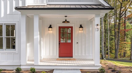 A front door detail of a white modern farmhouse with a red front door, black light fixtures, and a covered porch with white pillars.