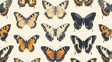 Butterfly pattern with various species on a light background