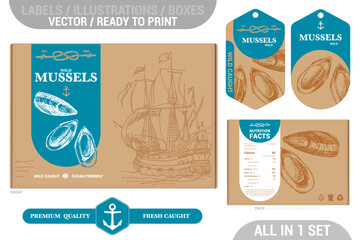 Naklejka premium Mussel seafood Premium quality package design set featuring modern hand drawn illustrations and labels set. Seafood