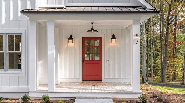 A front door detail of a white modern farmhouse with a red front door, black light fixtures, and a covered porch with white pillars.