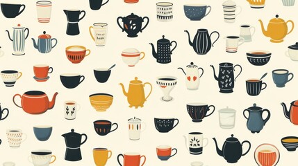 Coffee and tea pattern with cups, mugs, and teapots