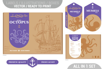 Octopus seafood Premium quality package design set featuring modern hand drawn illustrations and labels set. Seafood in old cartoon style