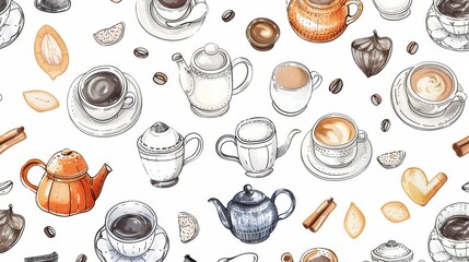 Coffee and tea pattern with cups, mugs, and teapots