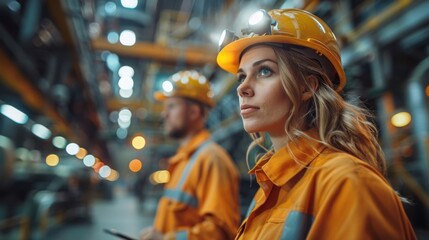 Three Diverse Multicultural Heavy Industry Engineers and Workers in Uniform Walk in Dark Steel Factory Using Flashlights on Their Hard Hats. Female Industrial Contractor is Using a Tablet Computer